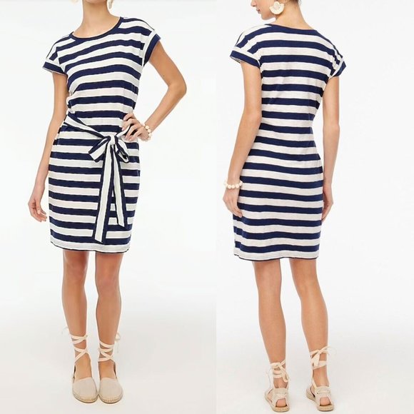 J Crew NWT $60 Navy Ivory Striped Tie Waist T-Shirt Dress in 100% Cotton szXL - Picture 1 of 15